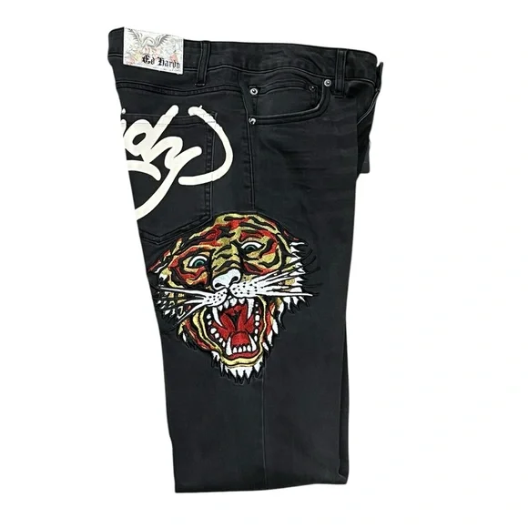Y2K Ed Hardy Women's Biker Chic Black Denim Tiger head Slim Flare Jean Size: 30 - Picture 6 of 12